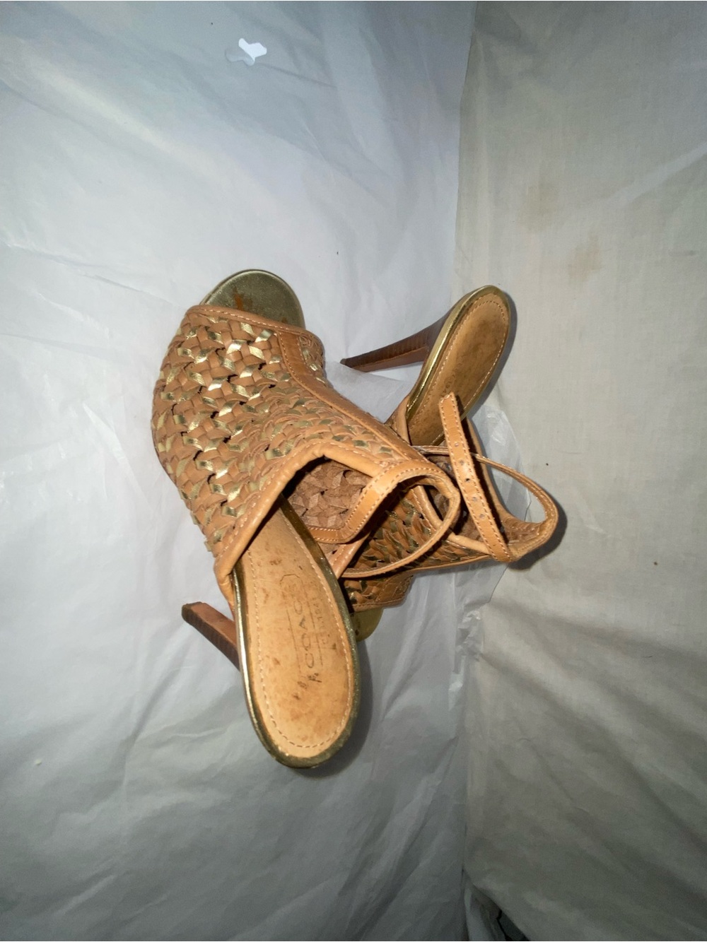 Coach Tan and Gold Woven Leather Peep-Toe Mules - Picture 8 of 8